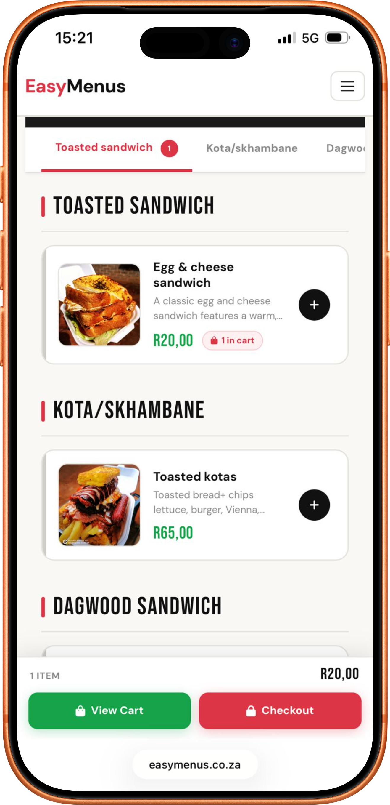 A store menu on EasyMenus, ordering by phone